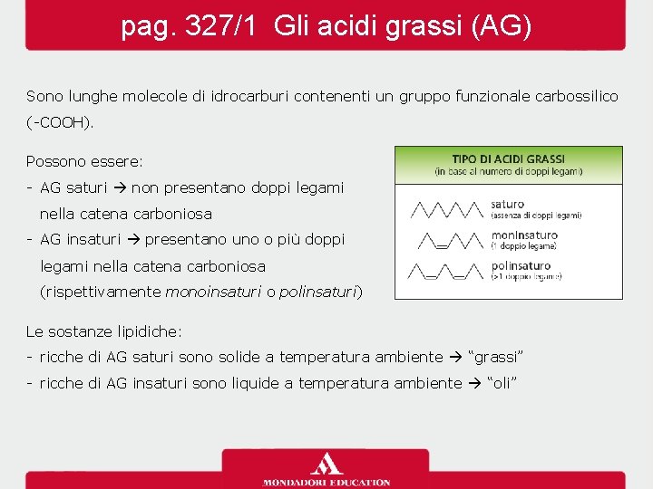 pag. 327/1 Gli acidi grassi (AG) Sono lunghe molecole di idrocarburi contenenti un gruppo pag. 327/1 Gli acidi grassi (AG) Sono lunghe molecole di idrocarburi contenenti un gruppo
