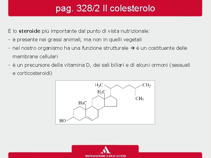 pag. 328/2 Il colesterolo È lo steroide più importante dal punto di vista nutrizionale: pag. 328/2 Il colesterolo È lo steroide più importante dal punto di vista nutrizionale:
