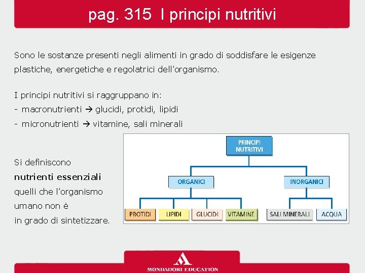 pag. 315 I principi nutritivi Sono le sostanze presenti negli alimenti in grado di pag. 315 I principi nutritivi Sono le sostanze presenti negli alimenti in grado di