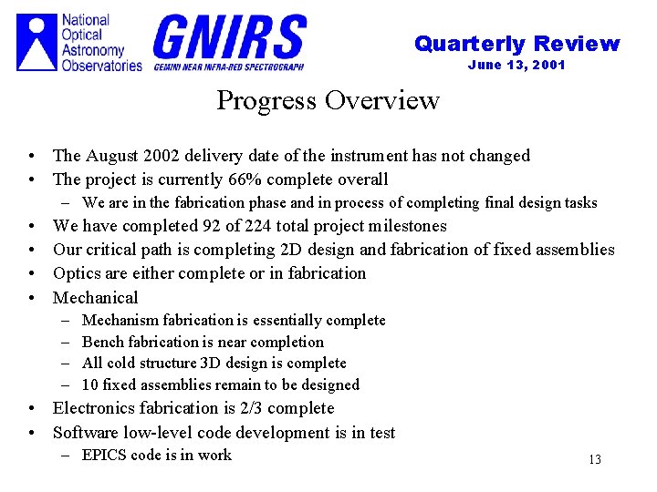 Quarterly Review June 13, 2001 Progress Overview • The August 2002 delivery date of