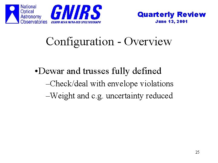 Quarterly Review June 13, 2001 Configuration - Overview • Dewar and trusses fully defined