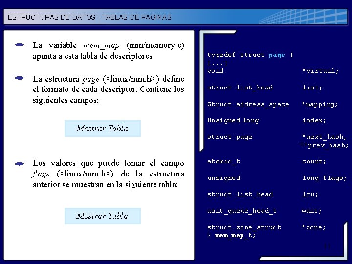 ESTRUCTURAS DE DATOS - TABLAS DE PAGINAS La variable mem_map (mm/memory. c) apunta a ESTRUCTURAS DE DATOS - TABLAS DE PAGINAS La variable mem_map (mm/memory. c) apunta a