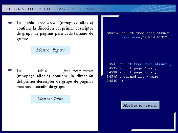 ASIGNACIÓN Y LIBERACIÓN DE PÁGINAS La tabla free_area (mm/page_alloc. c) contiene la dirección del ASIGNACIÓN Y LIBERACIÓN DE PÁGINAS La tabla free_area (mm/page_alloc. c) contiene la dirección del