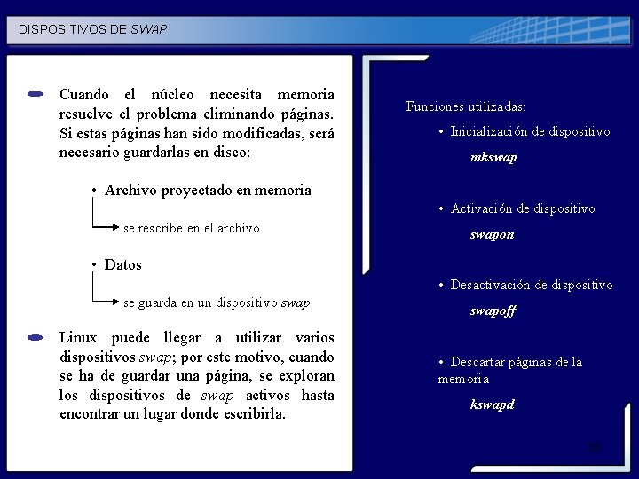 DISPOSITIVOS DE SWAP Cuando el núcleo necesita memoria resuelve el problema eliminando páginas. Si DISPOSITIVOS DE SWAP Cuando el núcleo necesita memoria resuelve el problema eliminando páginas. Si