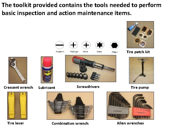 The toolkit provided contains the tools needed to perform basic inspection and action maintenance The toolkit provided contains the tools needed to perform basic inspection and action maintenance