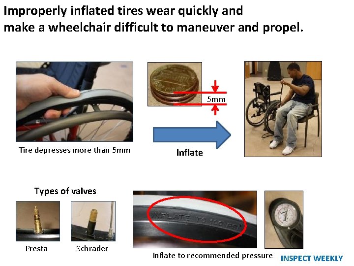 Improperly inflated tires wear quickly and Pneumatic tires make a wheelchair difficult to maneuver Improperly inflated tires wear quickly and Pneumatic tires make a wheelchair difficult to maneuver
