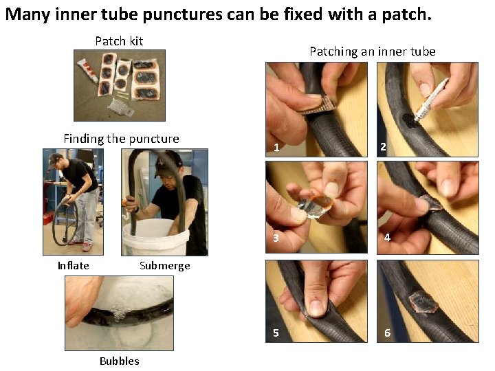 Many inner tube punctures can be fixed with a patch. Pneumatic Tires: patching a Many inner tube punctures can be fixed with a patch. Pneumatic Tires: patching a