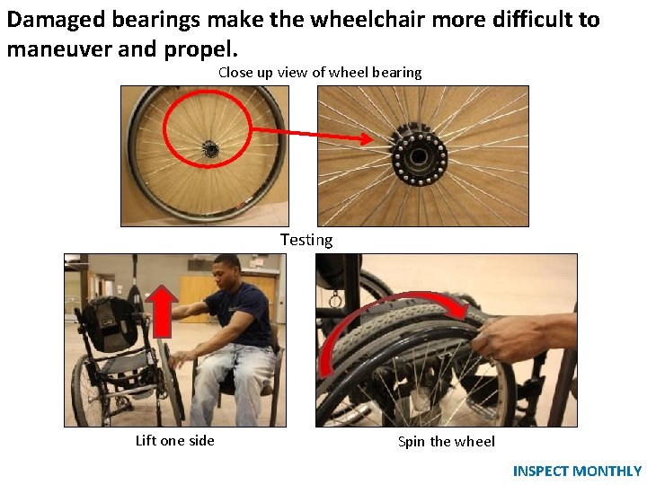 Damaged bearings make the wheelchair more difficult to Rear wheel bearings maneuver and propel. Damaged bearings make the wheelchair more difficult to Rear wheel bearings maneuver and propel.