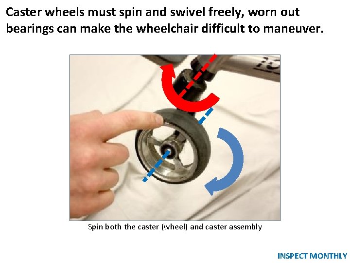 Caster wheels must spin and swivel freely, worn out bearings can make the wheelchair Caster wheels must spin and swivel freely, worn out bearings can make the wheelchair