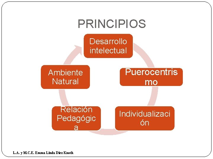 PRINCIPIOS Desarrollo intelectual Ambiente Natural Relación Pedagógic a L. A. y M. C. E.