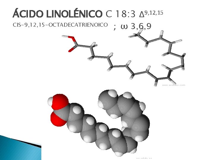 ÁCIDO LINOLÉNICO C 18: 3 Δ 9, 12, 15 CIS-9, 12, 15 -OCTADECATRIENOICO ;