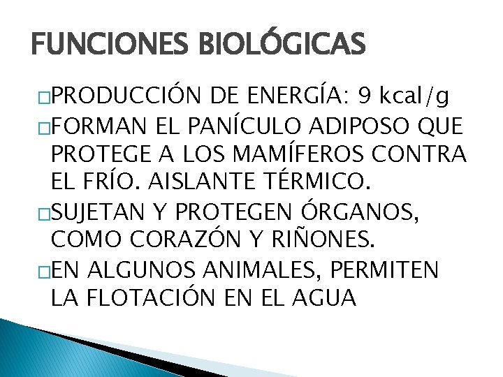 FUNCIONES BIOLÓGICAS �PRODUCCIÓN DE ENERGÍA: 9 kcal/g �FORMAN EL PANÍCULO ADIPOSO QUE PROTEGE A