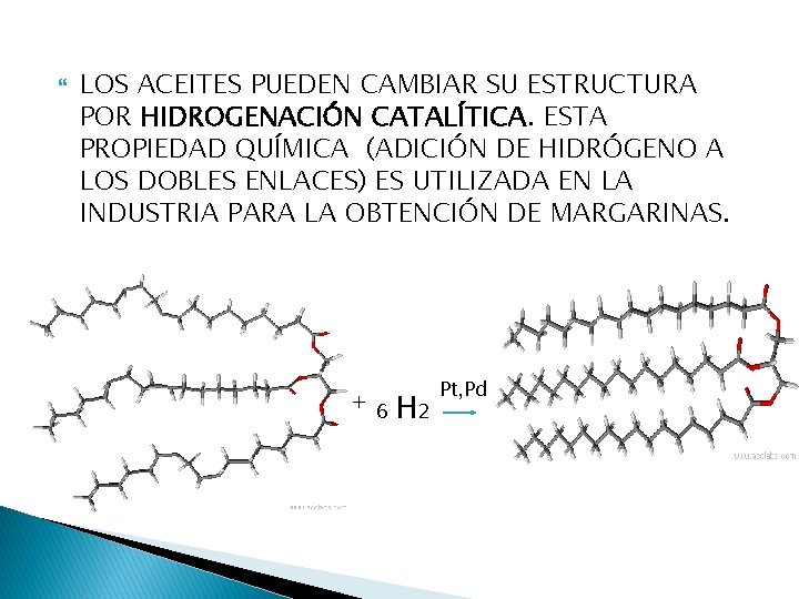  LOS ACEITES PUEDEN CAMBIAR SU ESTRUCTURA POR HIDROGENACIÓN CATALÍTICA. ESTA PROPIEDAD QUÍMICA (ADICIÓN