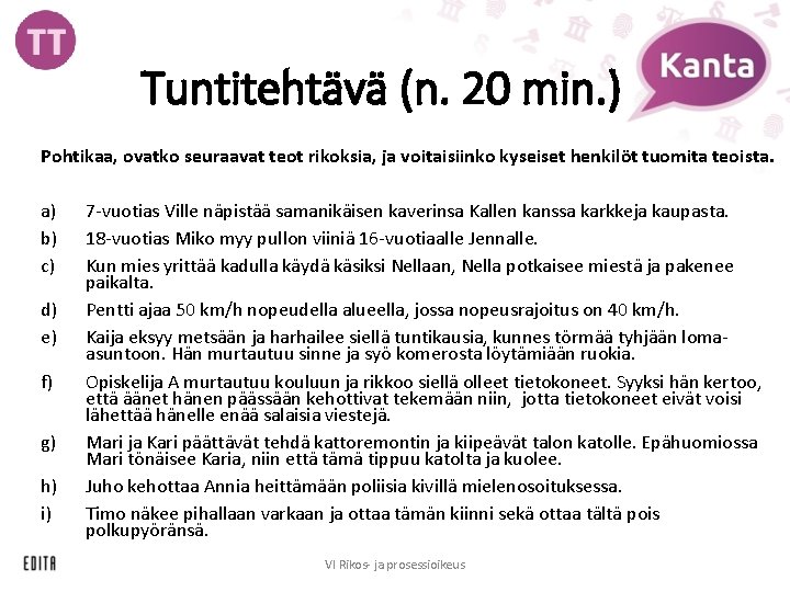 Tuntitehtävä (n. 20 min. ) Pohtikaa, ovatko seuraavat teot rikoksia, ja voitaisiinko kyseiset henkilöt