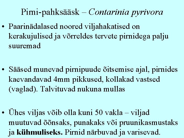 Pirni-pahksääsk – Contarinia pyrivora • Paarinädalased noored viljahakatised on kerakujulised ja võrreldes tervete pirnidega