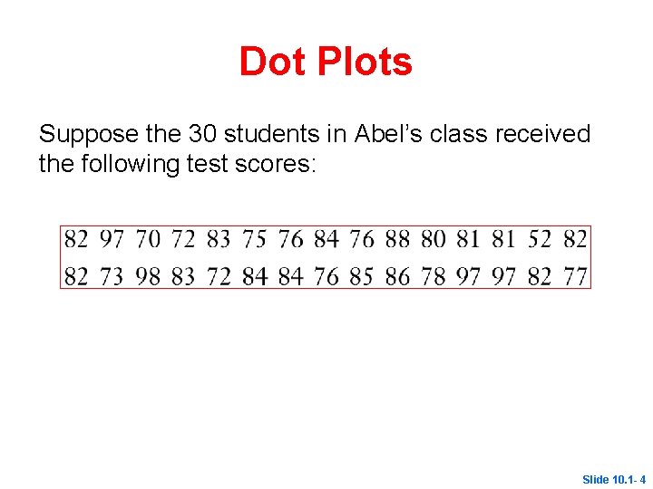 Dot Plots Suppose the 30 students in Abel’s class received the following test scores: