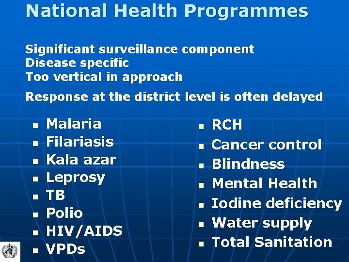National Health Programmes Significant surveillance component Disease specific Too vertical in approach Response at
