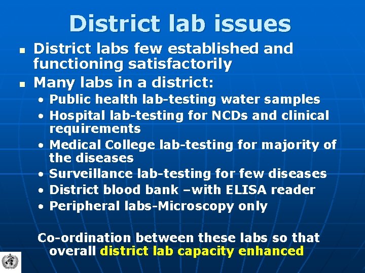 District lab issues n n District labs few established and functioning satisfactorily Many labs