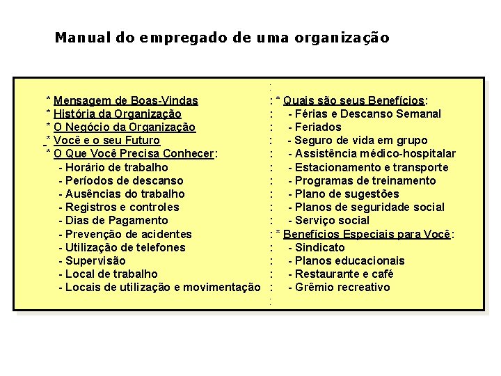 Manual do empregado de uma organização : * Mensagem de Boas-Vindas : * Quais