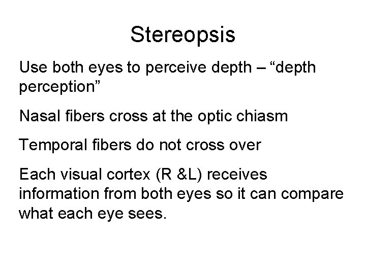 Stereopsis Use both eyes to perceive depth – “depth perception” Nasal fibers cross at