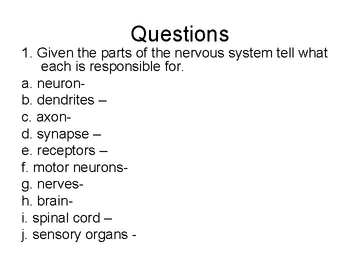 Questions 1. Given the parts of the nervous system tell what each is responsible