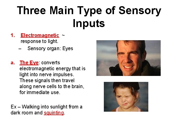 Three Main Type of Sensory Inputs 1. Electromagnetic ~ response to light. – Sensory