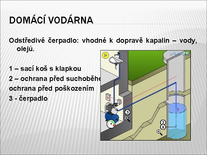 DOMÁCÍ VODÁRNA Odstředivé čerpadlo: vhodné k dopravě kapalin – vody, olejů. 1 – sací