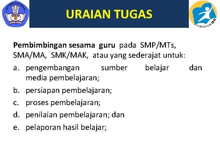 URAIAN TUGAS Pembimbingan sesama guru pada SMP/MTs, SMA/MA, SMK/MAK, atau yang sederajat untuk: a.