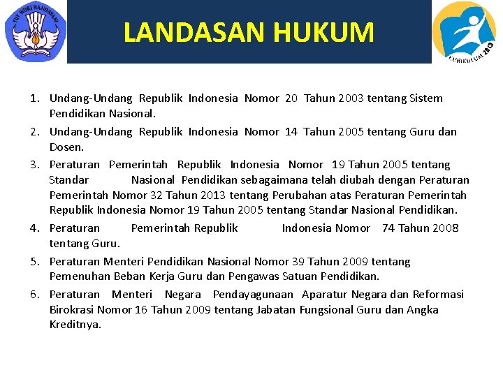 LANDASAN HUKUM 1. Undang-Undang Republik Indonesia Nomor 20 Tahun 2003 tentang Sistem Pendidikan Nasional.