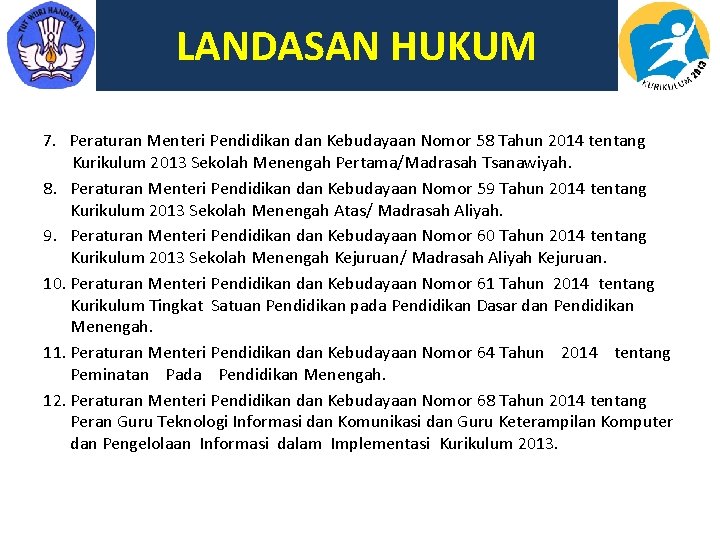 LANDASAN HUKUM 7. Peraturan Menteri Pendidikan dan Kebudayaan Nomor 58 Tahun 2014 tentang Kurikulum