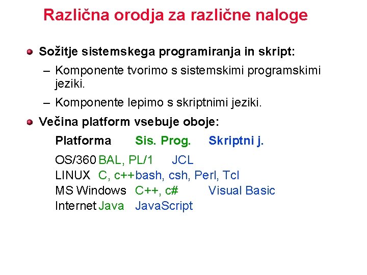 Različna orodja za različne naloge Sožitje sistemskega programiranja in skript: – Komponente tvorimo s