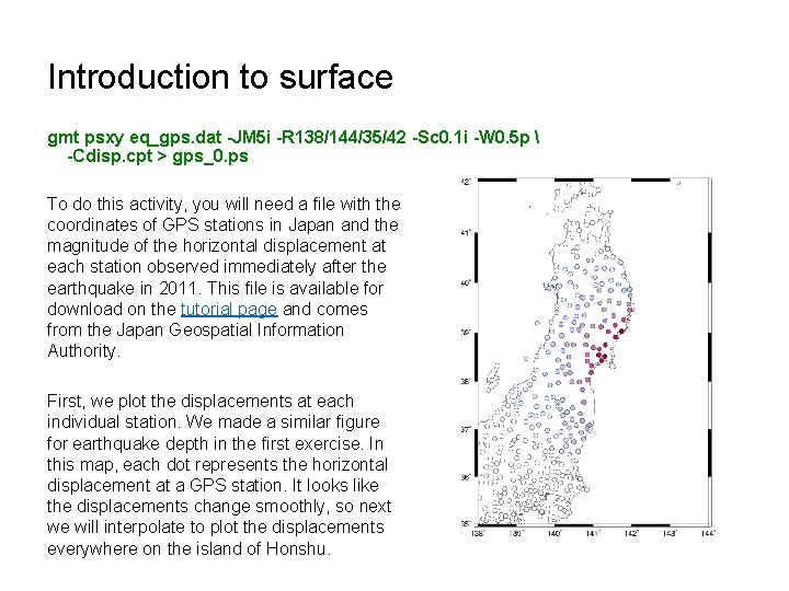 Introduction to surface gmt psxy eq_gps. dat -JM 5 i -R 138/144/35/42 -Sc 0.