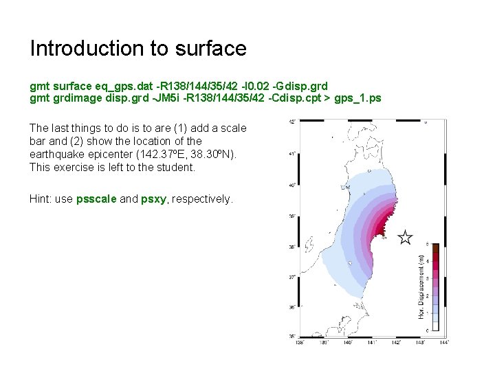 Introduction to surface gmt surface eq_gps. dat -R 138/144/35/42 -I 0. 02 -Gdisp. grd