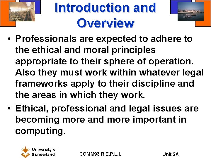 Introduction and Overview • Professionals are expected to adhere to the ethical and moral