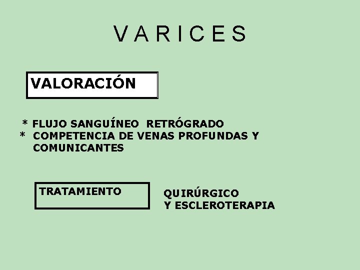VARICES VALORACIÓN * FLUJO SANGUÍNEO RETRÓGRADO * COMPETENCIA DE VENAS PROFUNDAS Y COMUNICANTES TRATAMIENTO VARICES VALORACIÓN * FLUJO SANGUÍNEO RETRÓGRADO * COMPETENCIA DE VENAS PROFUNDAS Y COMUNICANTES TRATAMIENTO