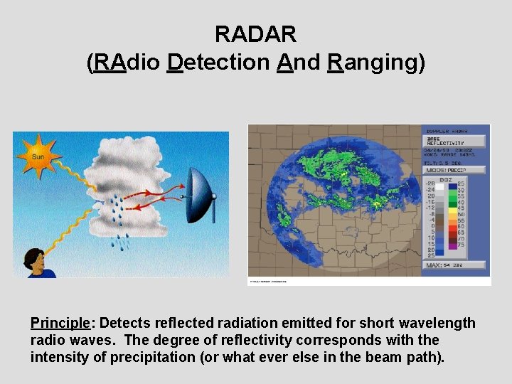 RADAR (RAdio Detection And Ranging) Principle: Detects reflected radiation emitted for short wavelength radio