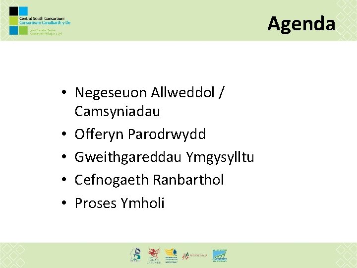 Agenda • Negeseuon Allweddol / Camsyniadau • Offeryn Parodrwydd • Gweithgareddau Ymgysylltu • Cefnogaeth Agenda • Negeseuon Allweddol / Camsyniadau • Offeryn Parodrwydd • Gweithgareddau Ymgysylltu • Cefnogaeth