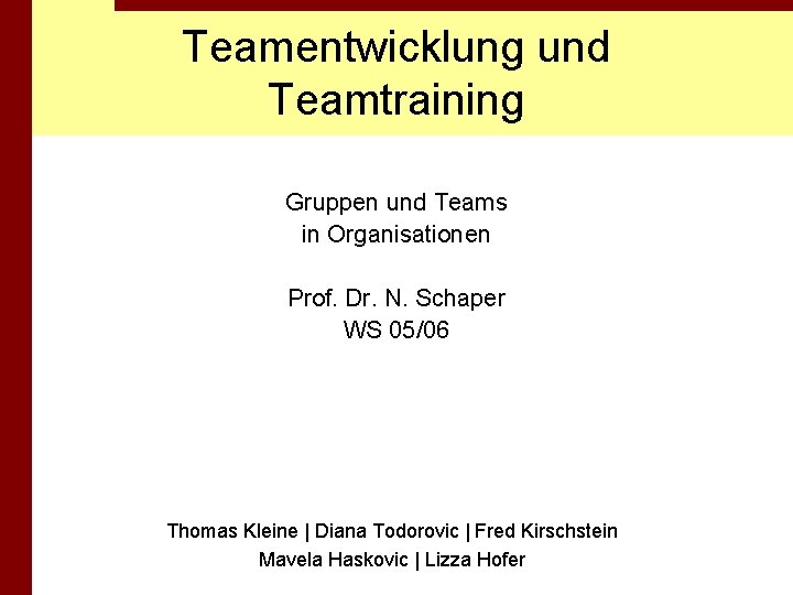 Teamentwicklung und Teamtraining Gruppen und Teams in Organisationen Prof. Dr. N. Schaper WS 05/06