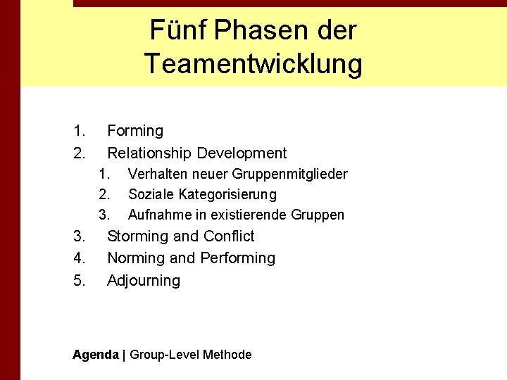 Fünf Phasen der Teamentwicklung 1. 2. Forming Relationship Development 1. 2. 3. 4. 5.