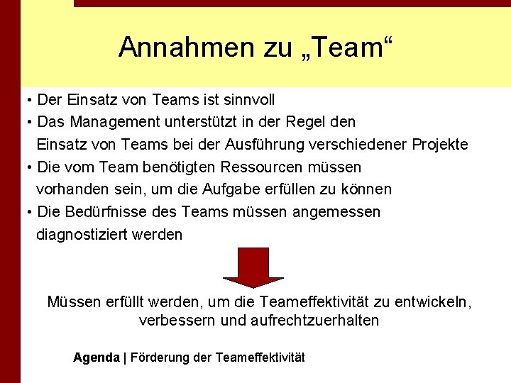 Annahmen zu „Team“ • Der Einsatz von Teams ist sinnvoll • Das Management unterstützt