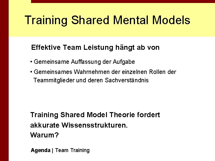 Training Shared Mental Models Effektive Team Leistung hängt ab von • Gemeinsame Auffassung der