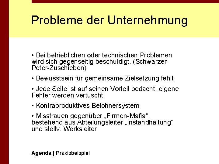 Probleme der Unternehmung • Bei betrieblichen oder technischen Problemen wird sich gegenseitig beschuldigt. (Schwarzer.