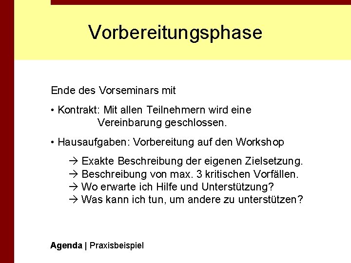 Vorbereitungsphase Ende des Vorseminars mit • Kontrakt: Mit allen Teilnehmern wird eine Vereinbarung geschlossen.