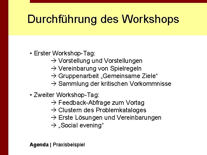 Durchführung des Workshops • Erster Workshop-Tag: Vorstellung und Vorstellungen Vereinbarung von Spielregeln Gruppenarbeit „Gemeinsame