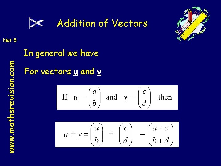 Addition of Vectors Nat 5 www. mathsrevision. com In general we have For vectors