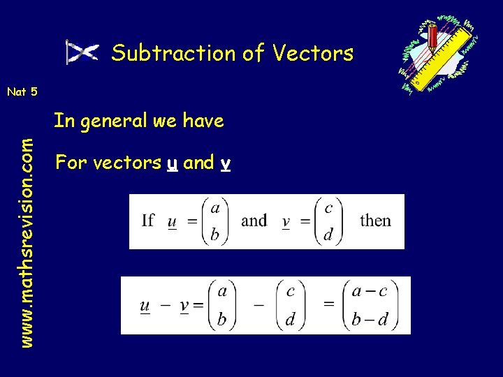 Subtraction of Vectors Nat 5 www. mathsrevision. com In general we have For vectors