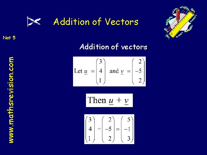 Addition of Vectors Nat 5 www. mathsrevision. com Addition of vectors 