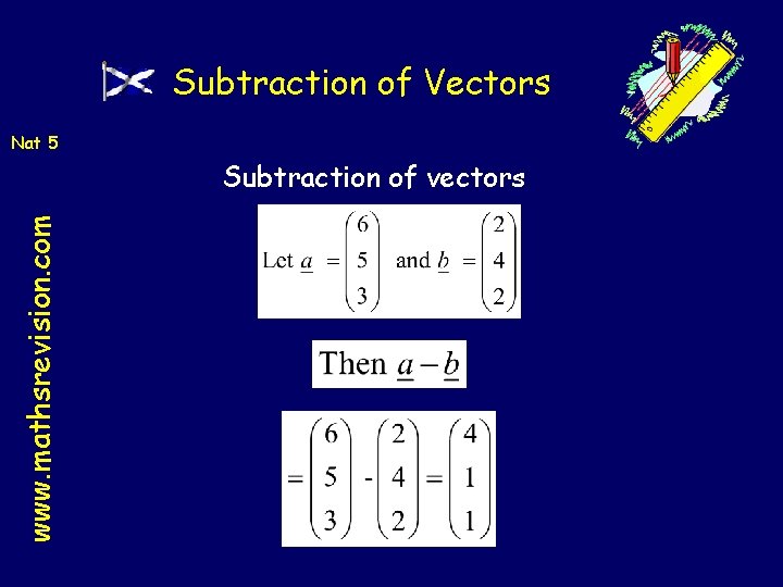 Subtraction of Vectors Nat 5 www. mathsrevision. com Subtraction of vectors 