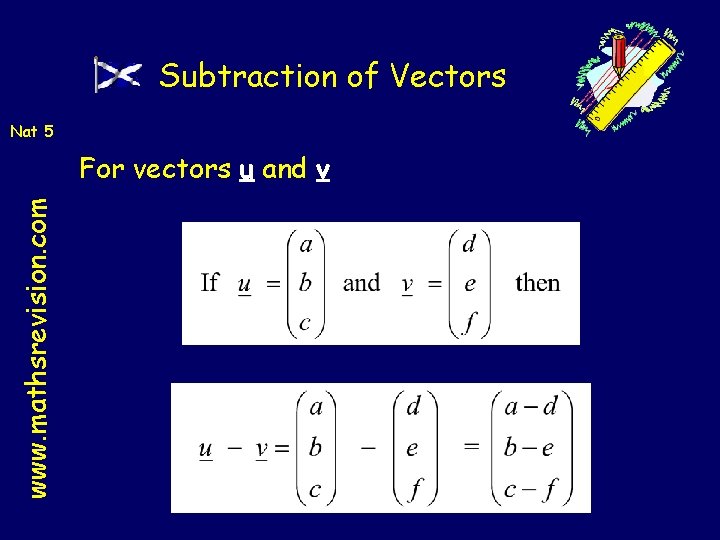Subtraction of Vectors Nat 5 www. mathsrevision. com For vectors u and v 