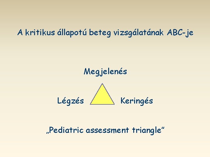 A kritikus állapotú beteg vizsgálatának ABC-je Megjelenés Légzés Keringés „Pediatric assessment triangle” 